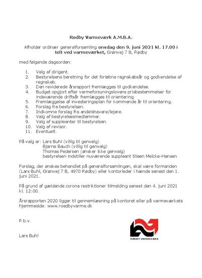 Generalforsamling Den 9 Juni 2021